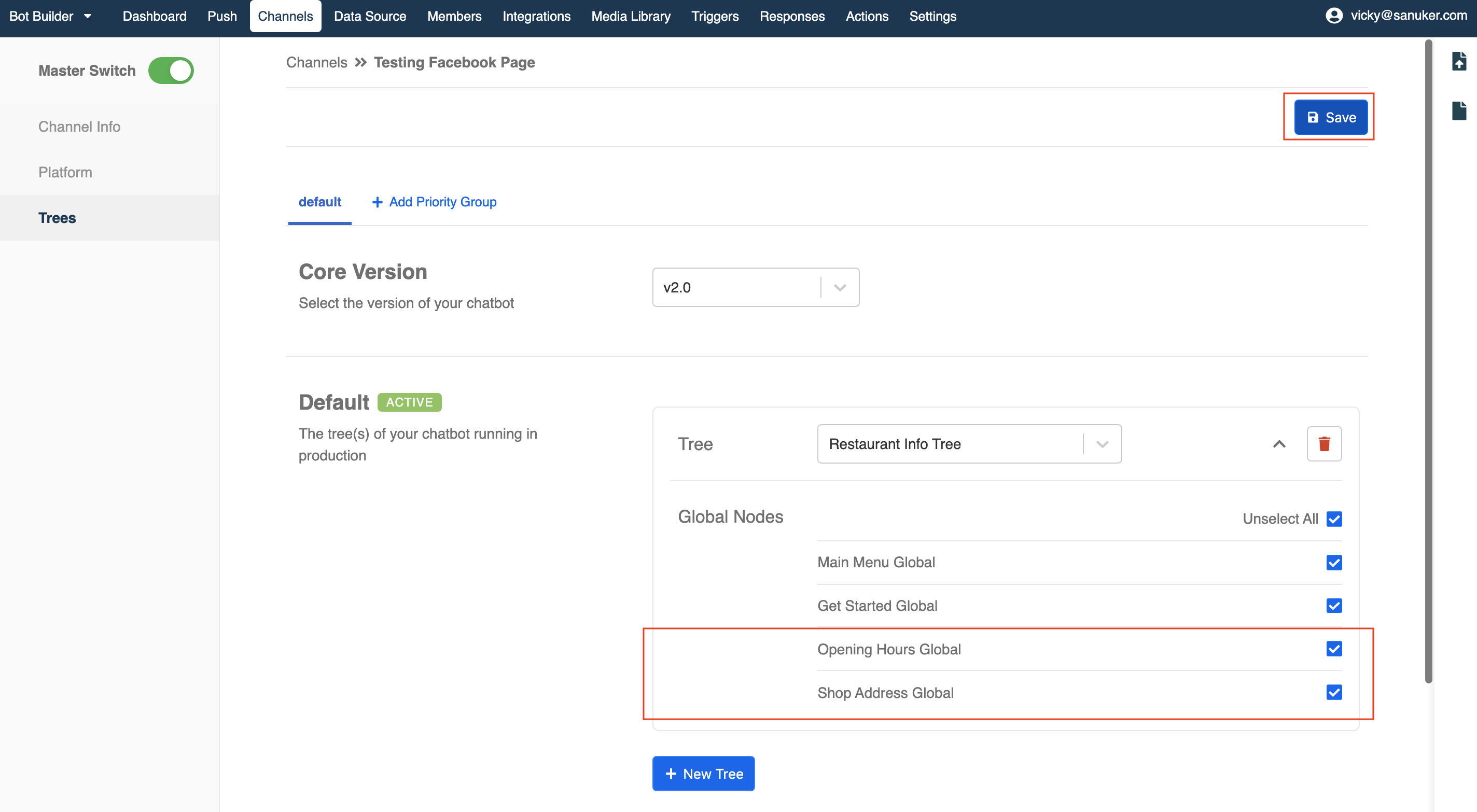 Add global nodes into the testing channel